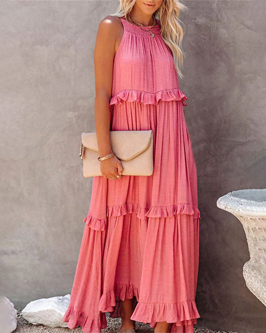 CM | Boho Largo Color Sólido Sin Mangas Halter Ruffle Maxi Vestidos