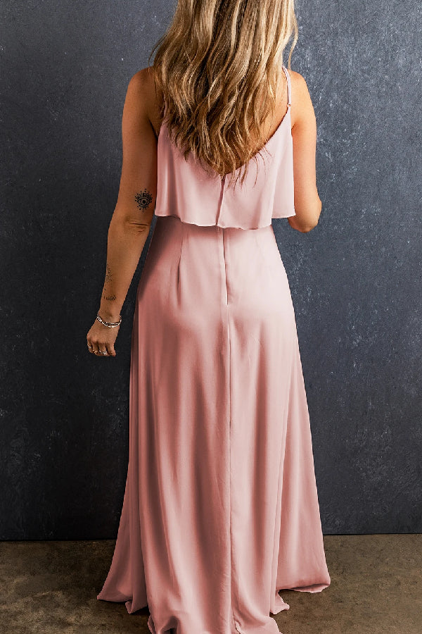 CM | Vestido largo con cuello en V y volantes en rosa claro