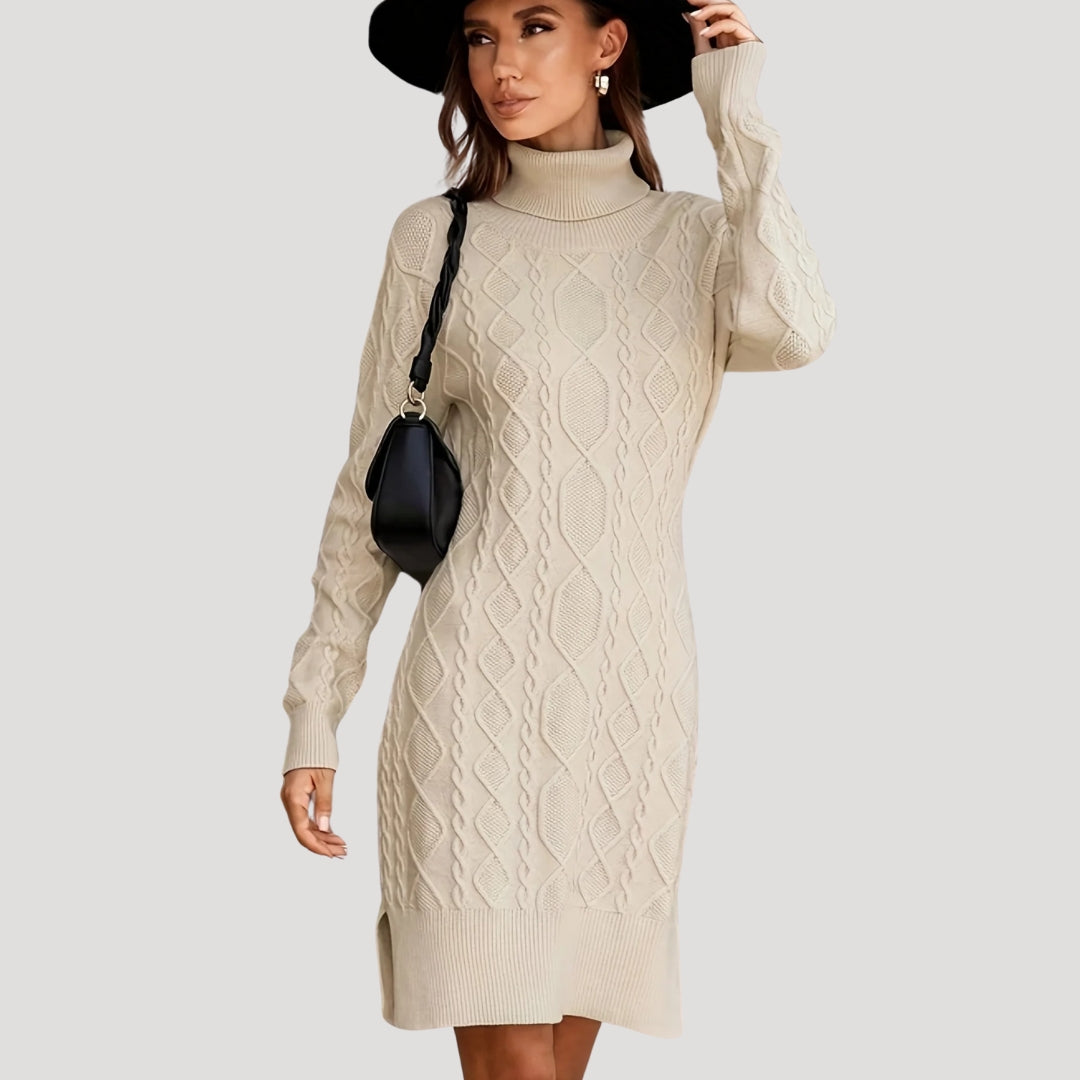 CM | Mujer de punto de cable jersey de cuello alto mini vestido