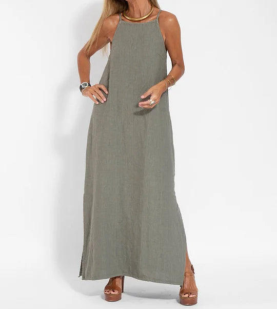 CM | Vestido largo sin mangas de lino y algodón en elegancia monocromática