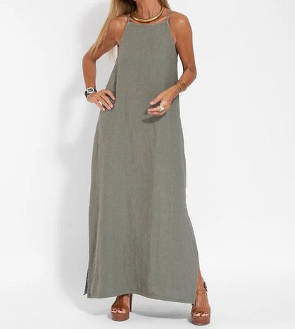 CM | Vestido largo sin mangas de lino y algodón en elegancia monocromática