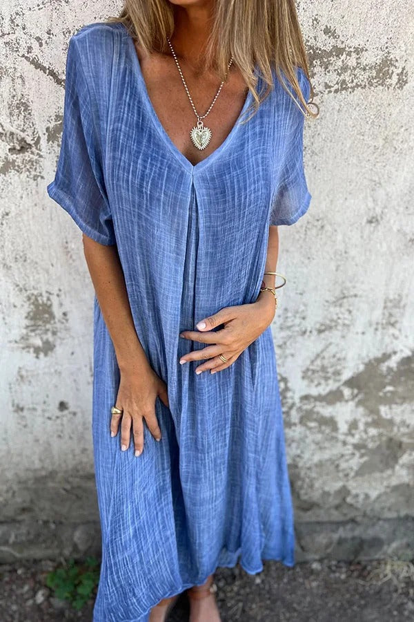 CM | Bayside Bliss vestido midi suelto plisado de manga corta en mezcla de lino