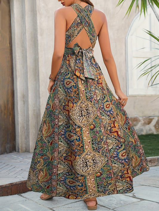 CM | Vestido largo con estampado paisley y espalda abierta y cruzada