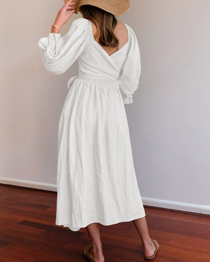CM | Elegante maxi vestido de manga abullonada reversible