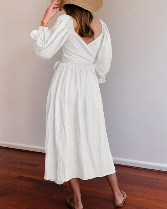 CM | Elegante maxi vestido de manga abullonada reversible