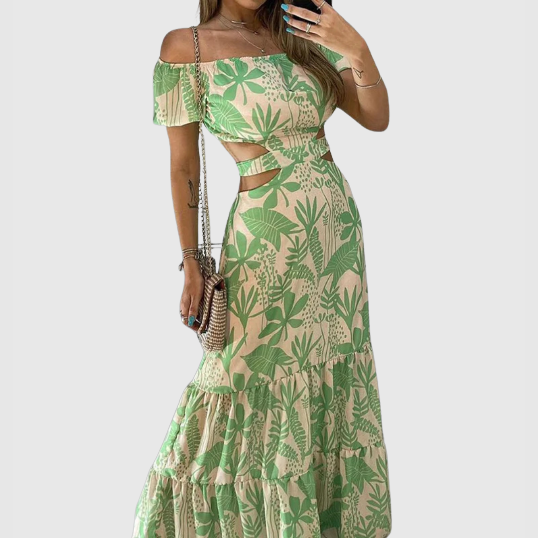 CM | Elegante vestido midi con grano y escote irregulares