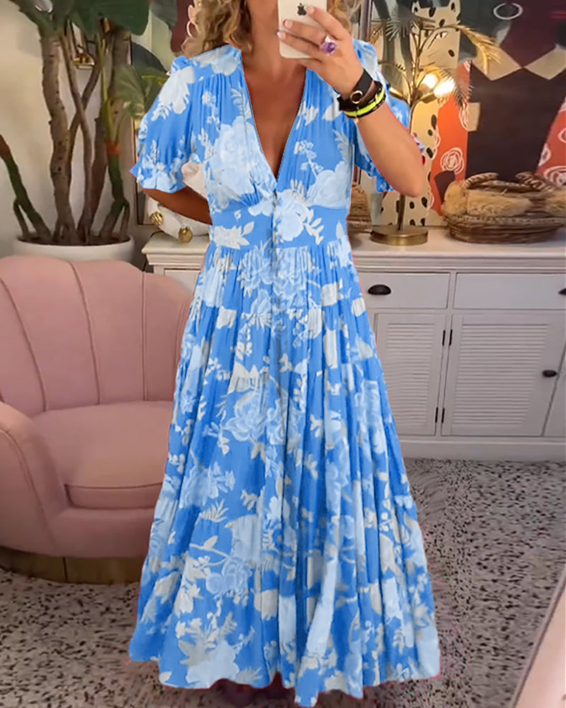 CM | maxi vestido floral de manga corta y cuello en V