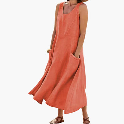 CM | Vestido midi sin mangas de lino para mujer con escote redondo y bolsillos