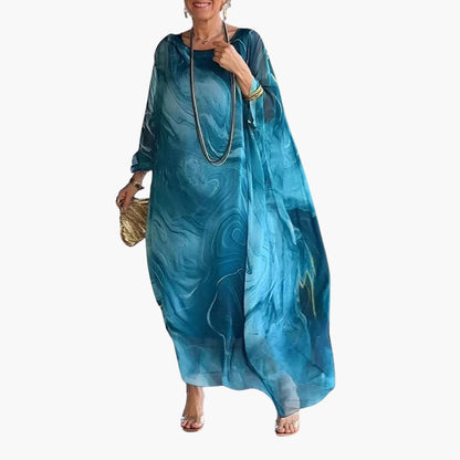CM | Maxi vestido de mujer en gasa de seda con mangas murciélago y superposiciones