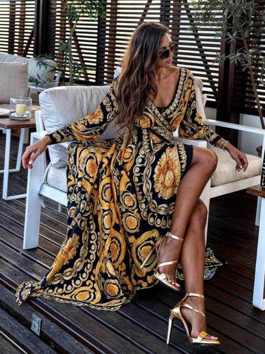 CM | Maxi Vestido de Mujer - Estilo Envolvente - Estampado Bohemio - Cuello en V - Mangas Largas - Abertura Lateral