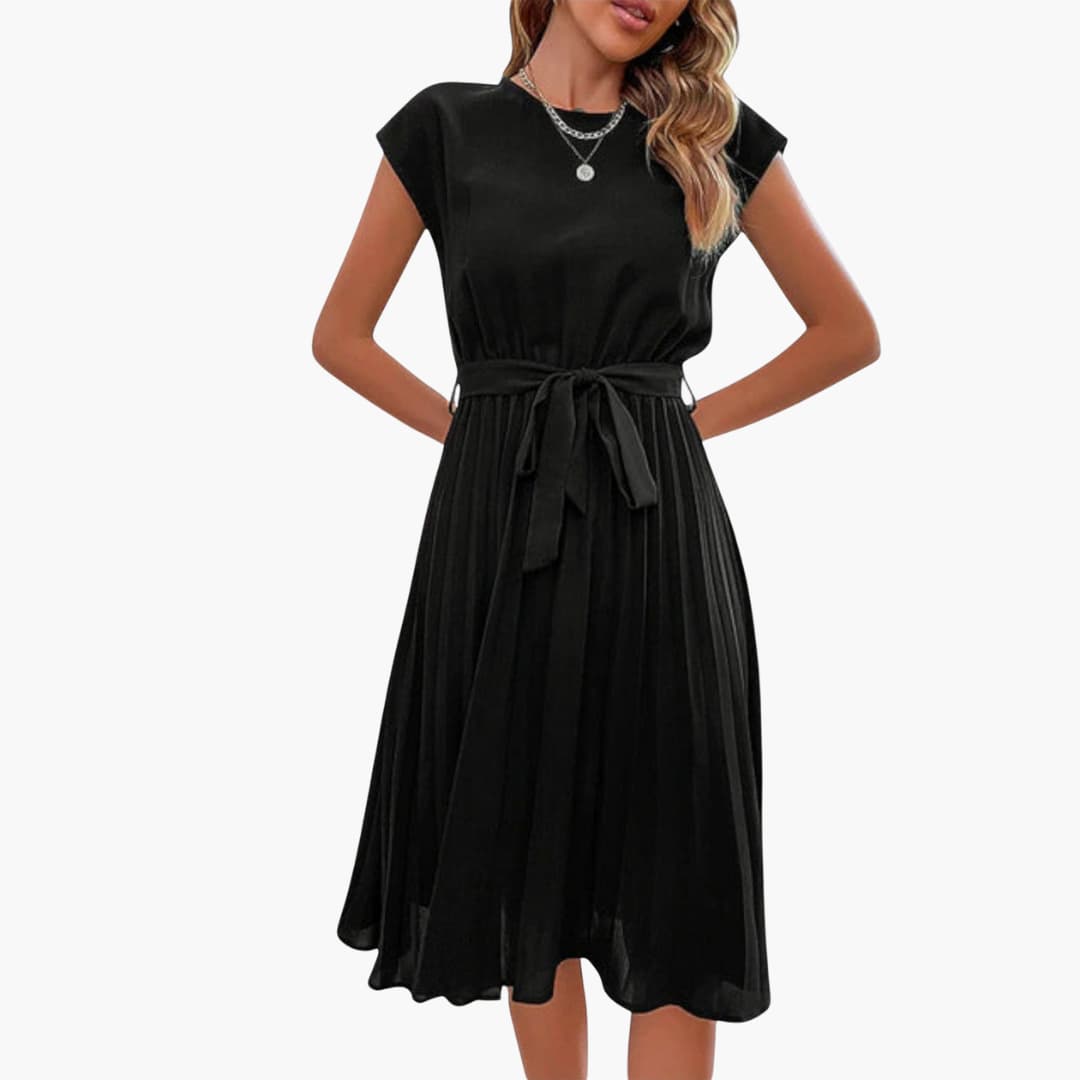 CM | Vestido midi informal de mujer con falda plisada y cinturón de anudar