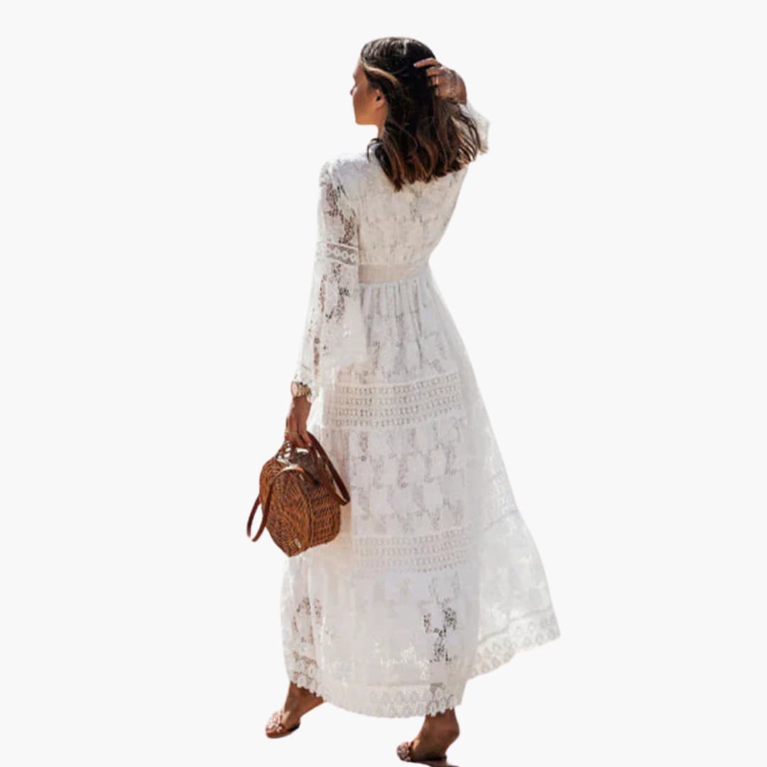 CM | Maxi vestido de mujer con mangas de encaje y falda escalonada