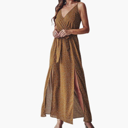 CM | Vestido largo de playa para mujer con estampado floral y lazada en la cintura