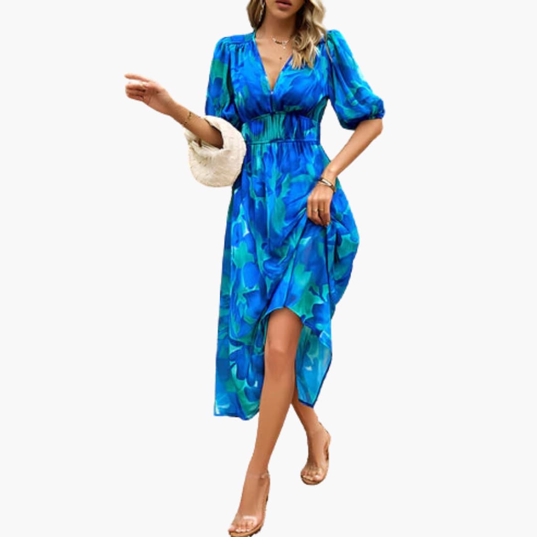 CM | Vestido midi veraniego para mujer con estampado floral y mangas farol