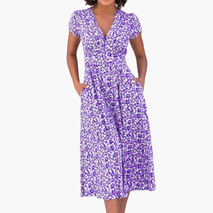 CM | Vestido midi floral de mujer con bolsillos y manga corta