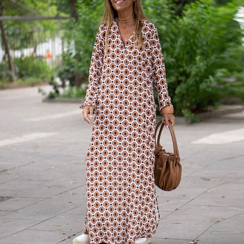 CM | Maxivestido de mujer - Corte holgado - Cuello en pico - Mangas largas - Aberturas laterales - Estampado atrevido