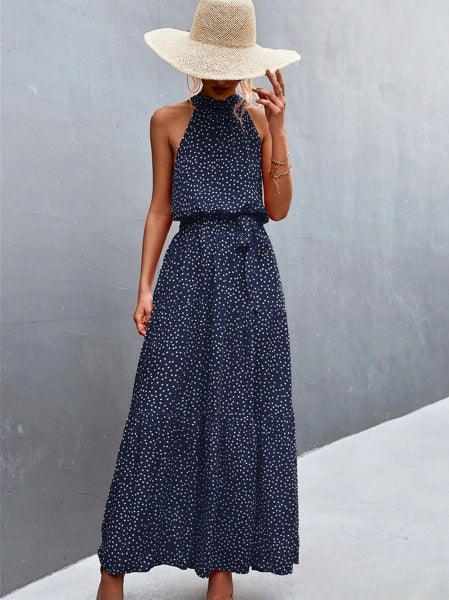 CM | Vestido mono de tirantes y escote halterneck con estampado de lunares ondulados