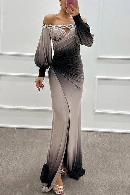 CM | Julieta Estampado degradado Cuello barco Hombros descubiertos Detalle piedras preciosas Vestido con aberturas Maxi Vestido