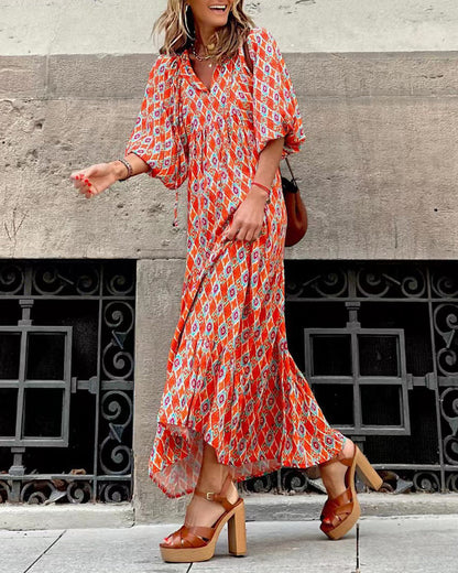 CM | Transpirable manga linterna Floral Imprimir Vestido Largo Suelto Cuello en V Moda Verano Vestido de Playa