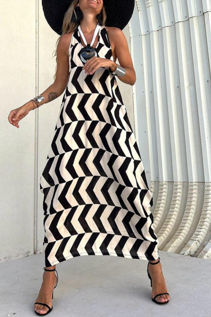 CM | MARIN NEGRO-BEIGE RAYAS, VESTIDO LARGO