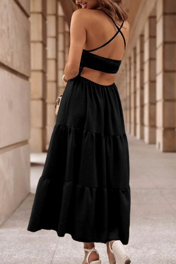 CM | Vestido cruzado en color avena con corpiño sin espalda y maxi vestido con capas