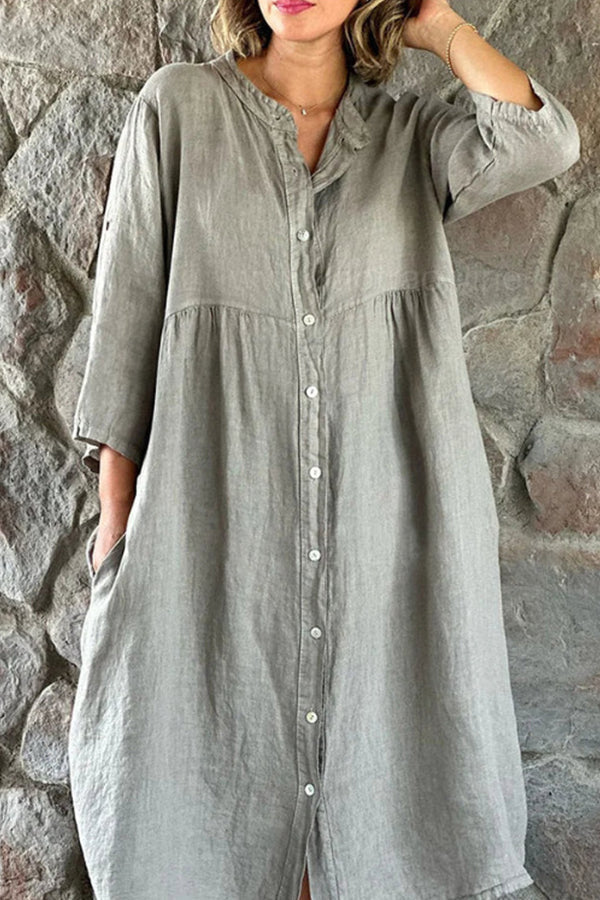 CM | algodón lino color sólido casual stand cuello botón vestido largo