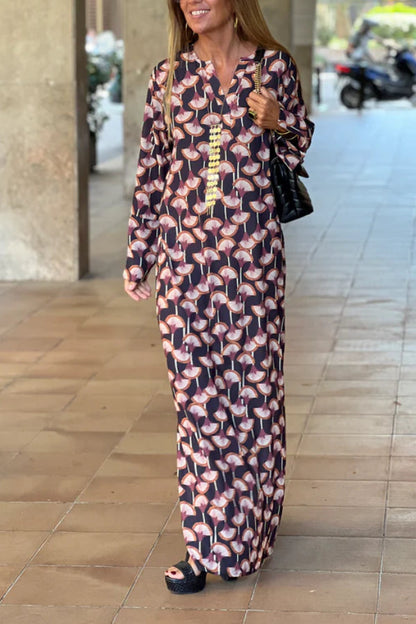 CM | Mujeres Moda Impreso V-Cuello Manga Larga Maxi Vestido