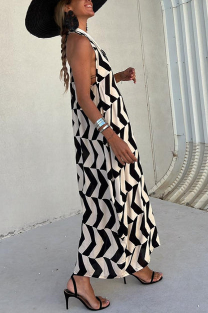 CM | MARIN NEGRO-BEIGE RAYAS, VESTIDO LARGO