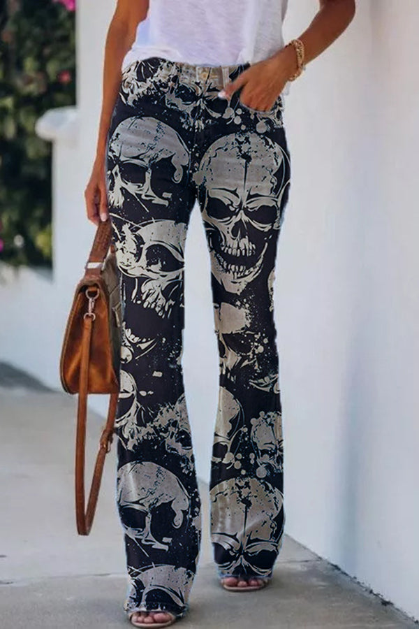 CM | Pantalones acampanados de tiro alto con estampado de imitación