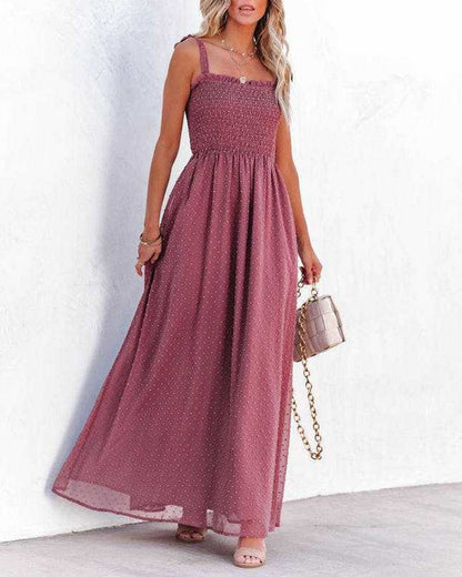 CM | Boho Espagueti Correa Cuello Cuadrado Lunares Bengala Playa Maxi Vestido