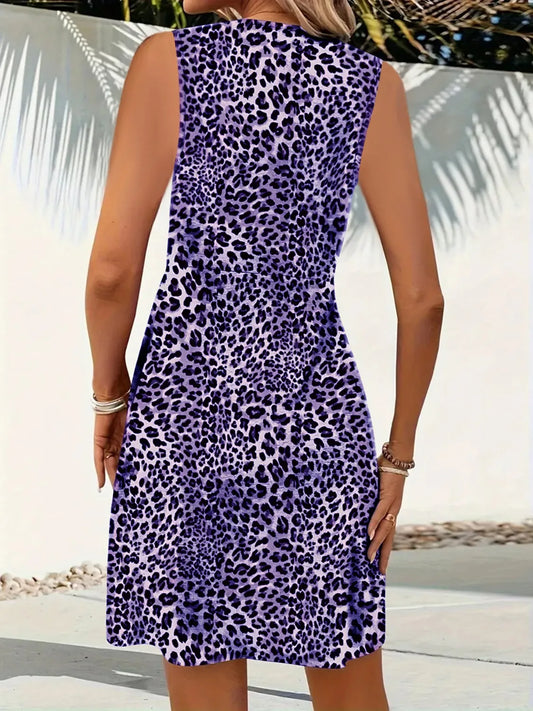 CM | Mini vestido sin mangas con cuello en V de leopardo