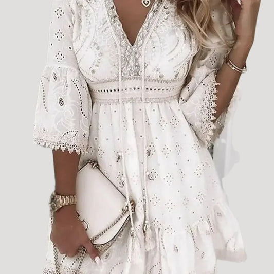 CM | Ladies Bordado Boho Verano Mini Vestido de Playa