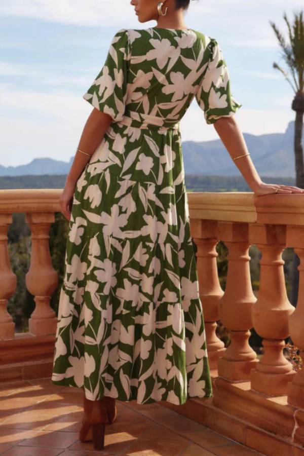 CM | Cuello en V Mangas cortas Abertura Vestido midi estampado