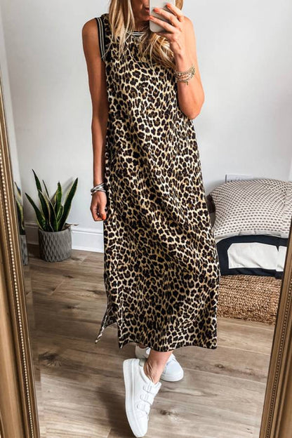 CM | Vestido midi sin mangas con estampado de leopardo a rayas en contraste negro