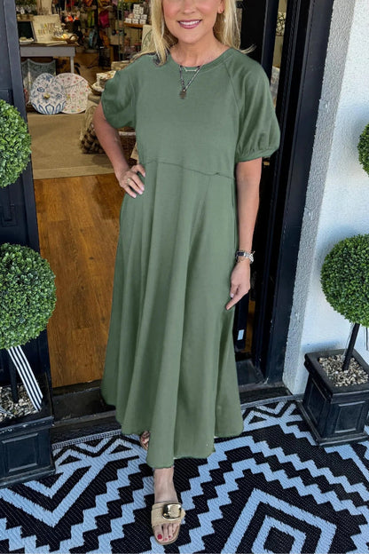 CM | Vestido largo de cuello redondo con mangas abullonadas para mujer