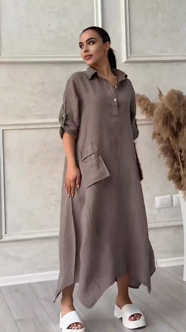 CM | Maxi vestido para mujer en lino y algodón con solapa