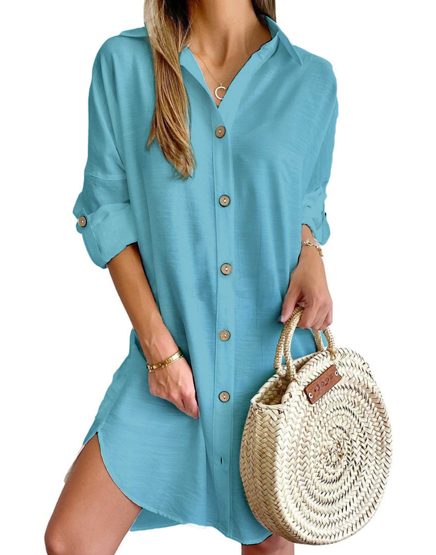 CM | vestido camisero de manga larga con solapa monocolor