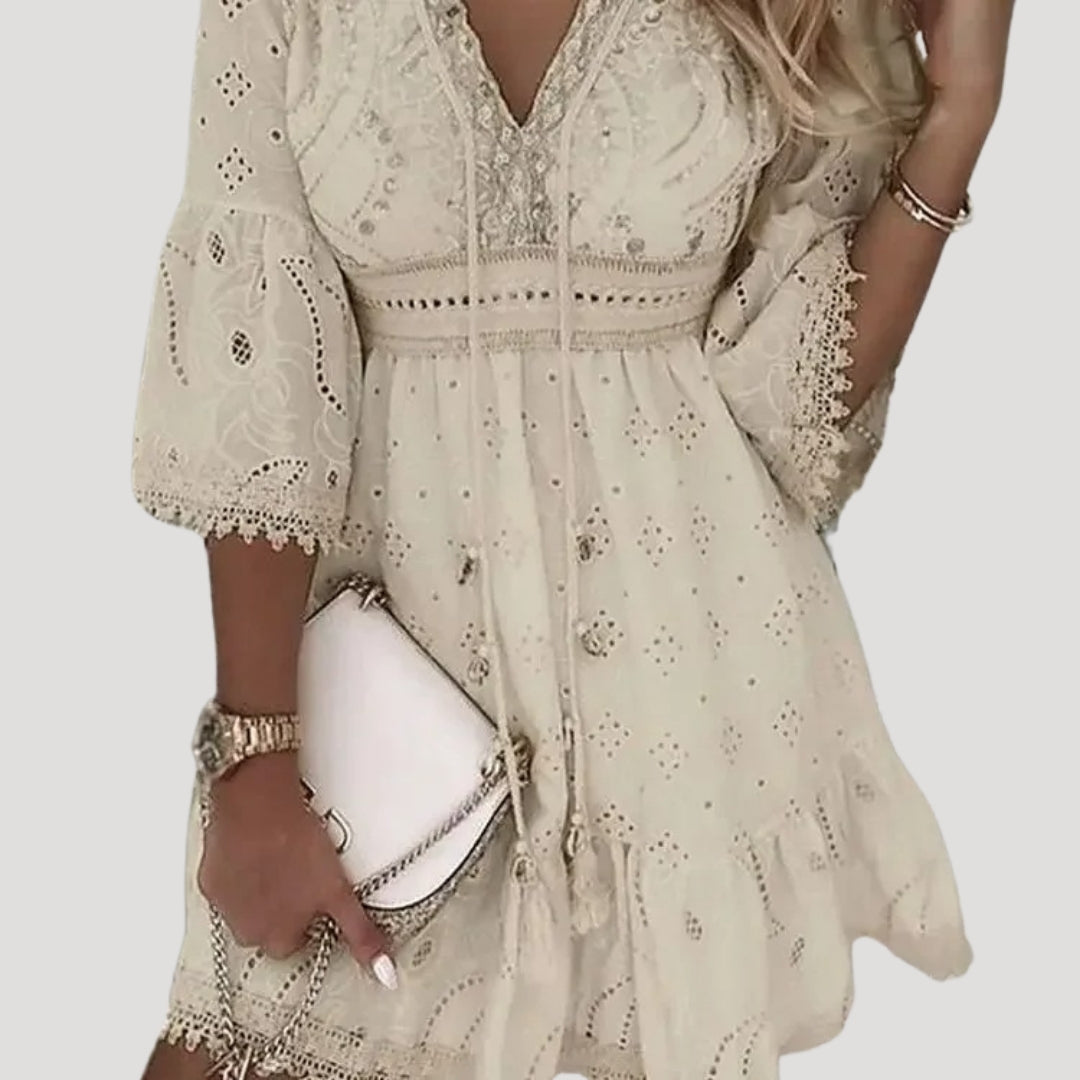CM | Ladies Bordado Boho Verano Mini Vestido de Playa