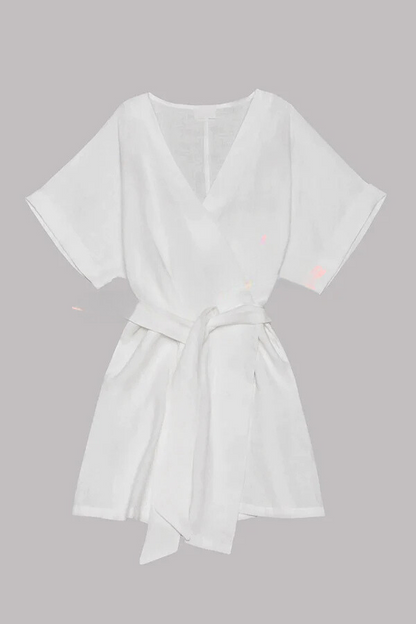 CM | mini vestido kimono con cinturón de bolsillo en mezcla de algodón y lino
