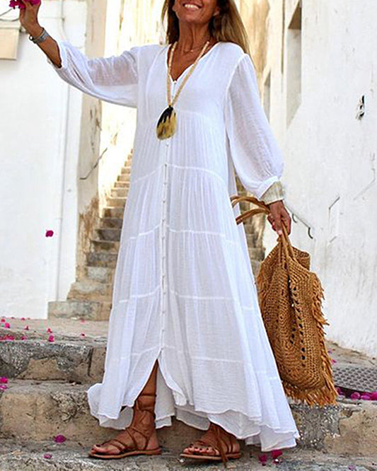 CM | Boho Maxi Vestido Señoras Manga Larga Suelta Smock Sundress