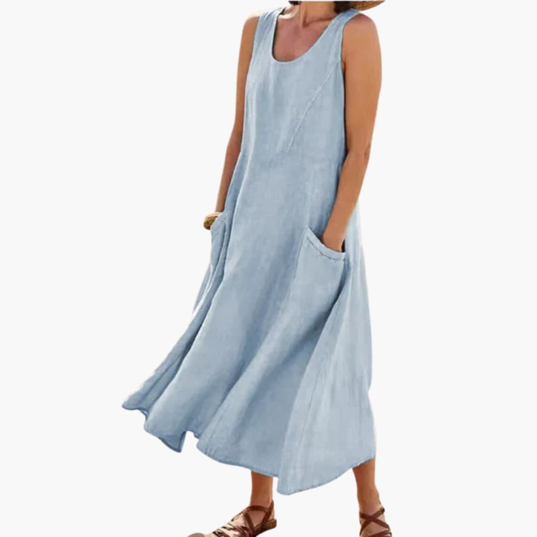 CM | Vestido midi sin mangas de lino para mujer con escote redondo y bolsillos