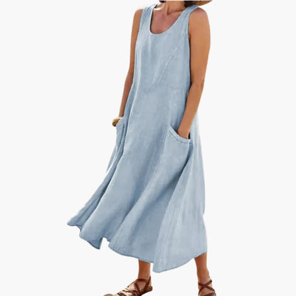 CM | Vestido midi sin mangas de lino para mujer con escote redondo y bolsillos
