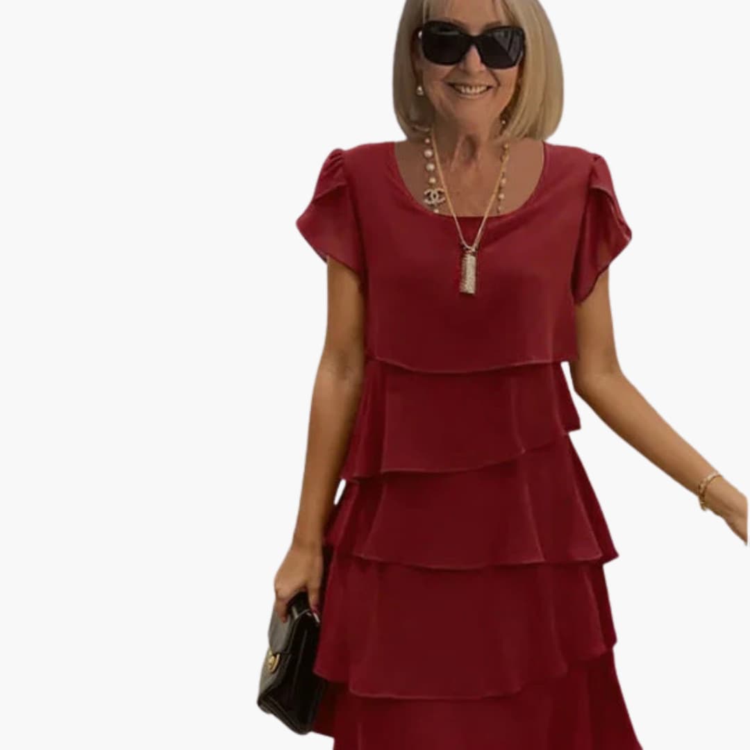 CM | Vestido midi floral de mujer con mangas cortas y capas escalonadas