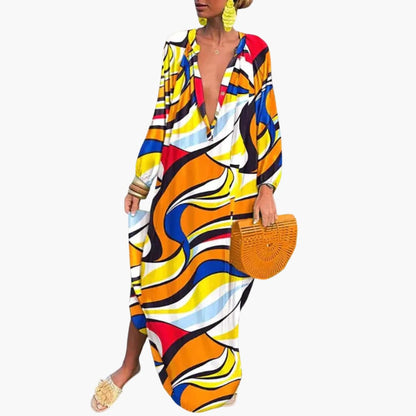 CM | Maxi vestido de mujer con manga larga y llamativo estampado