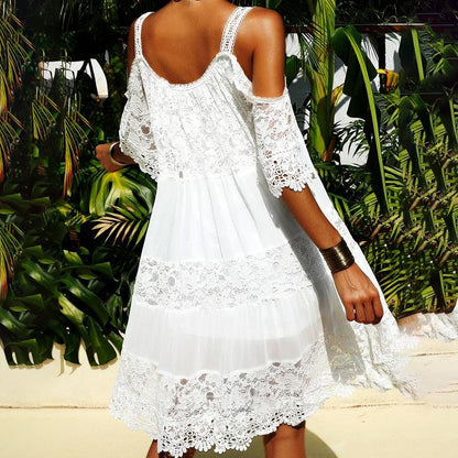 CM | Vestido monocolor de encaje elegante de manga corta y largo medio