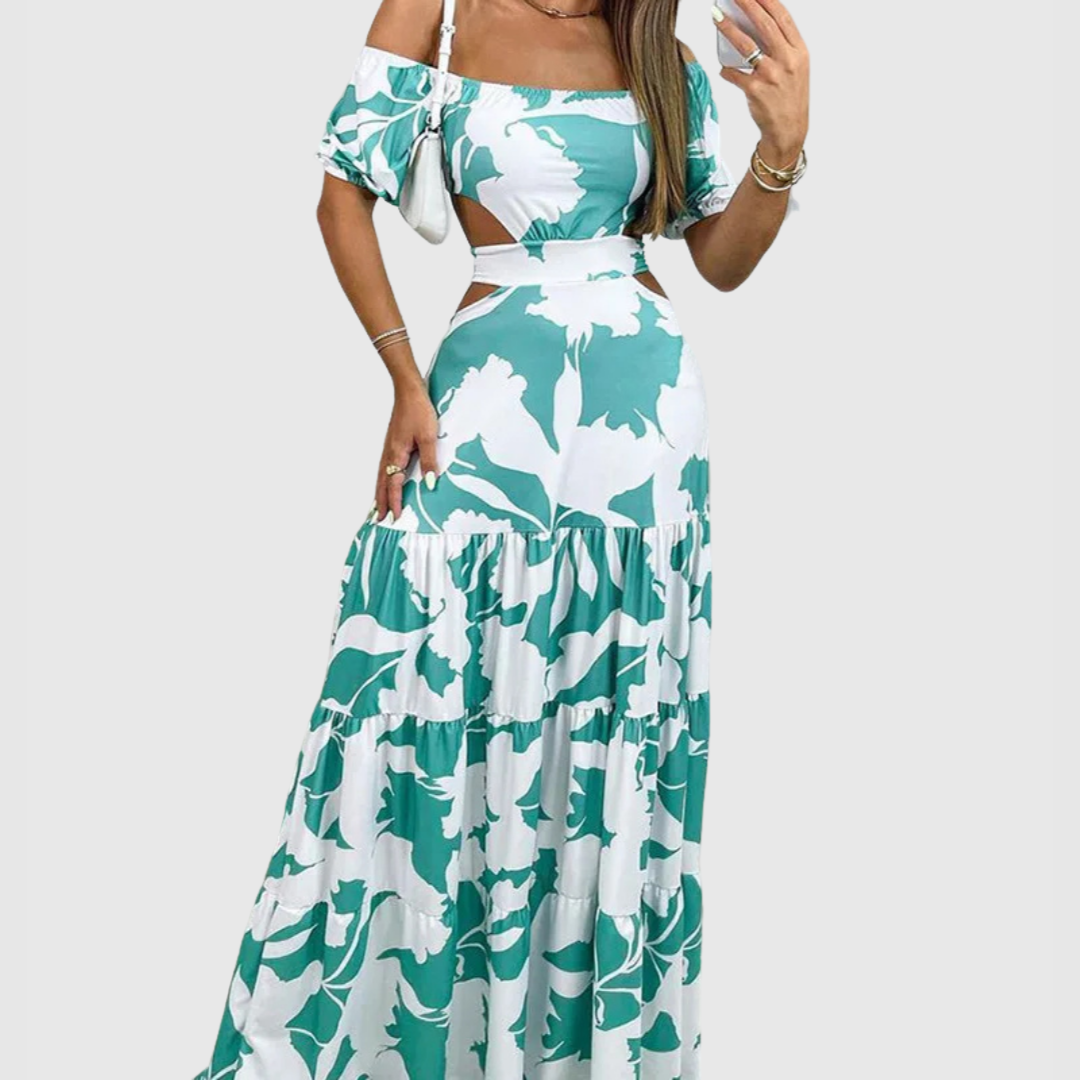 CM | Elegante vestido midi con grano y escote irregulares