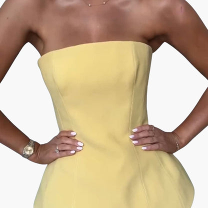 CM | maxi vestido sin tirantes para mujer con falda plisada y corpiño peplum