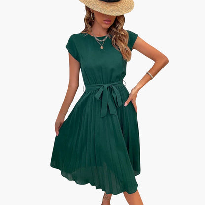 CM | Vestido midi informal de mujer con falda plisada y cinturón de anudar