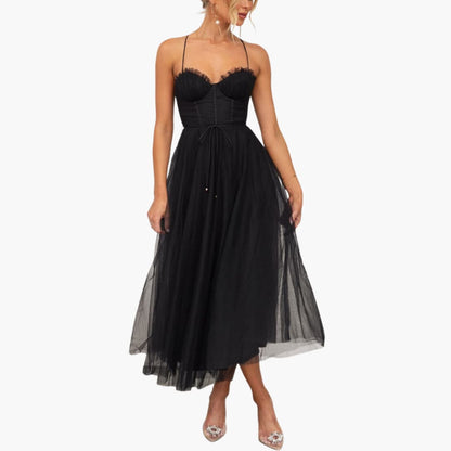CM | maxi vestido de tul para mujer con tirantes finos y busto fruncido