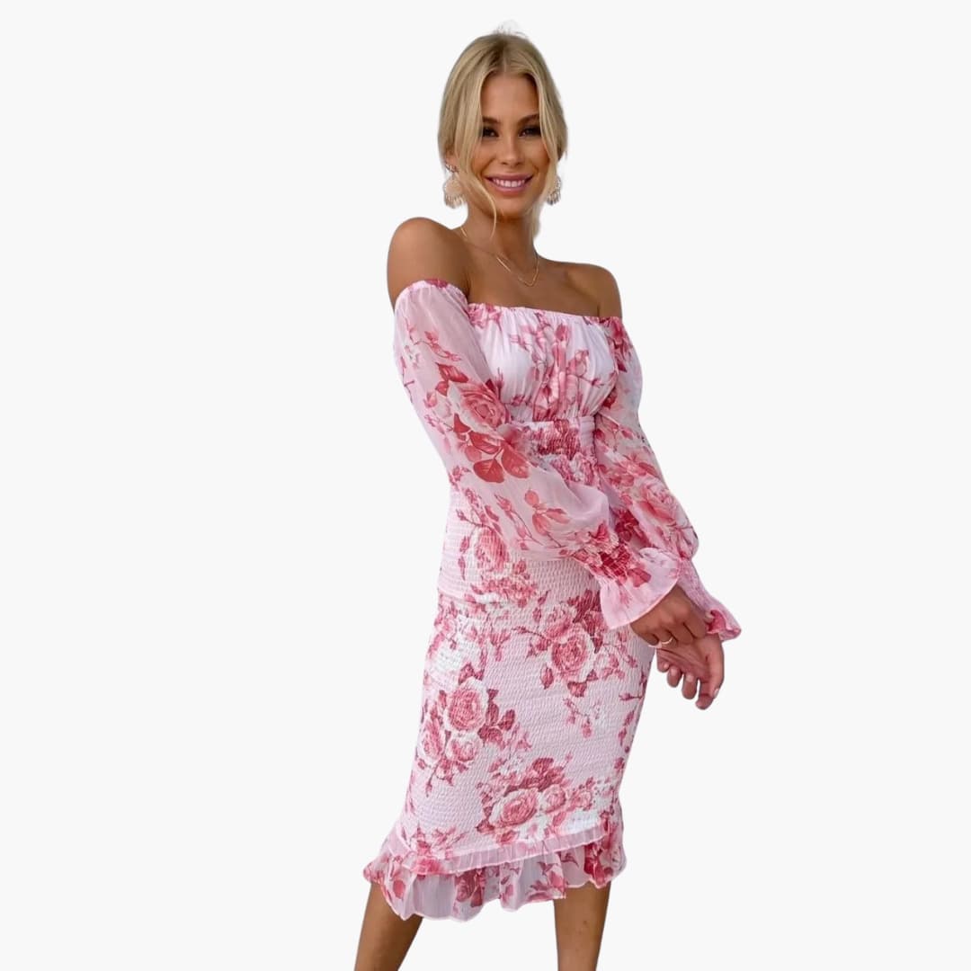 CM | Vestido midi veraniego para mujer con estampado floral y mangas transparentes
